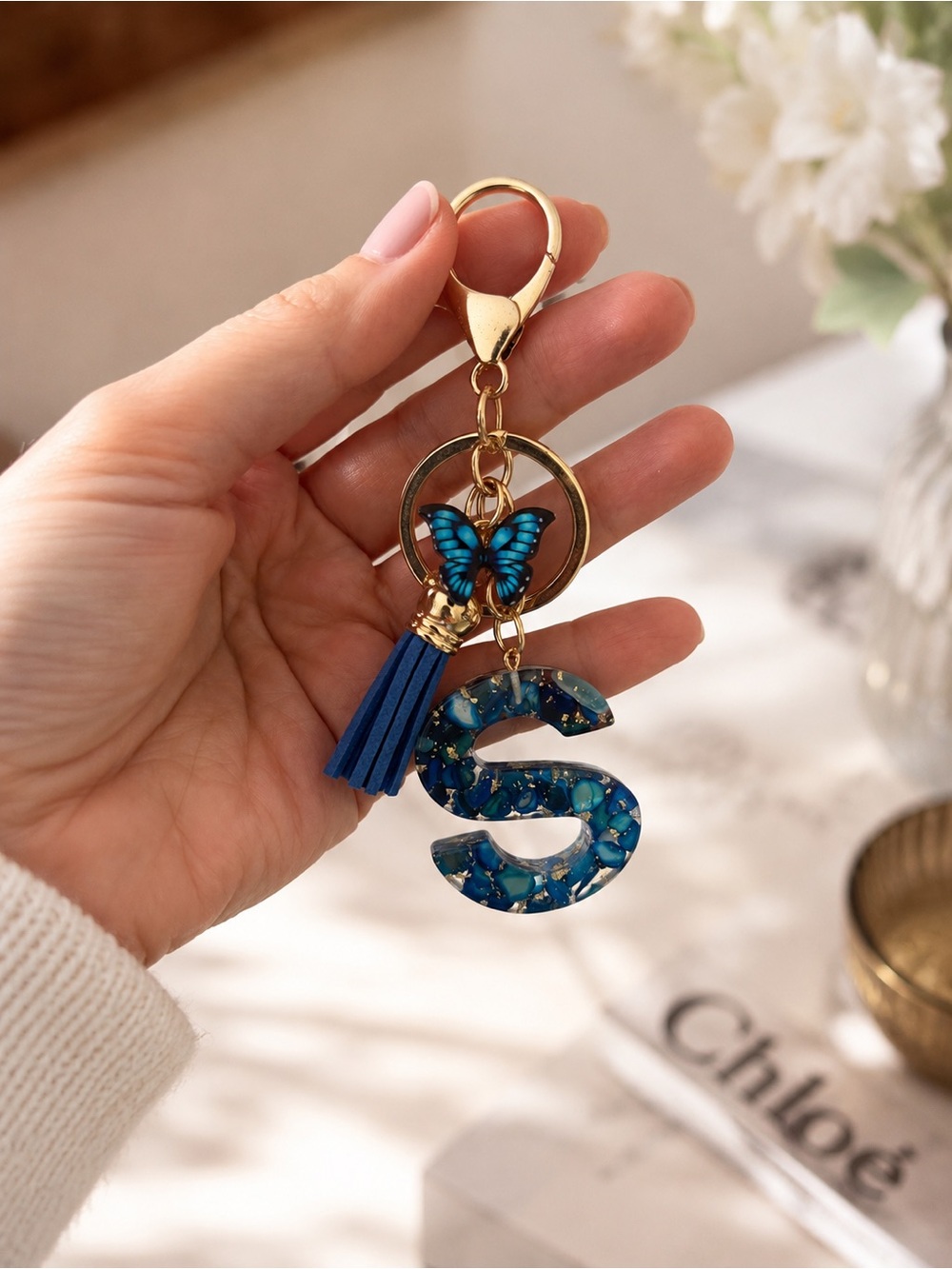 Monogram 'S' Blue Butterfly Tassel Keychain NWOT